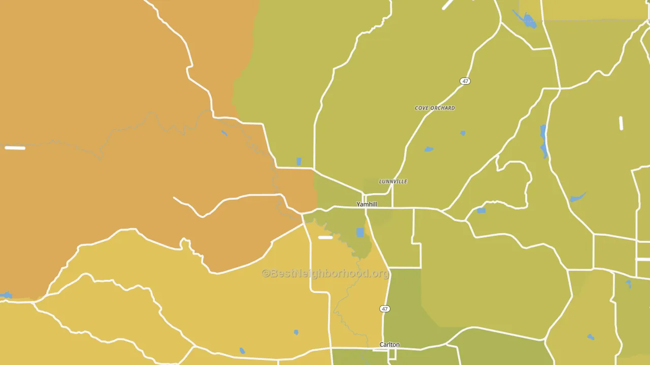 Map of the best neighborhoods in the 97148 area, with better matches in green and worse matches in red