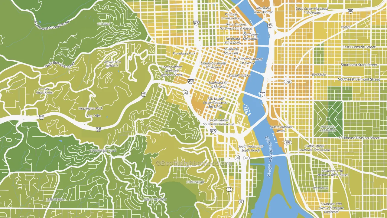 Map of the best neighborhoods in the 97201 area, with better matches in green and worse matches in red