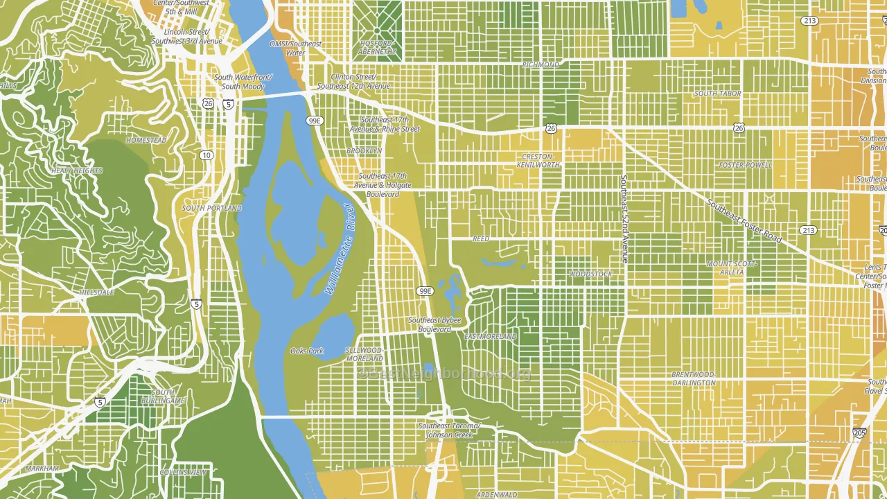Map of the best neighborhoods in the 97202 area, with better matches in green and worse matches in red