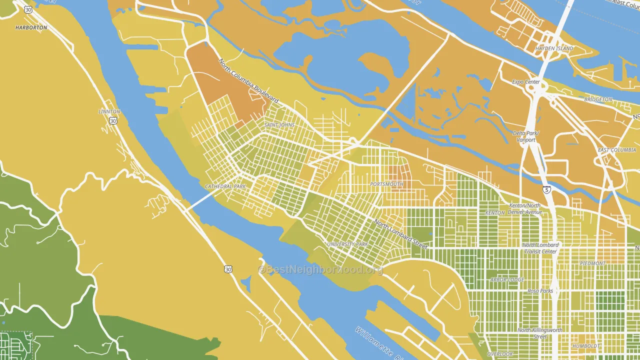 Map of the best neighborhoods in the 97203 area, with better matches in green and worse matches in red