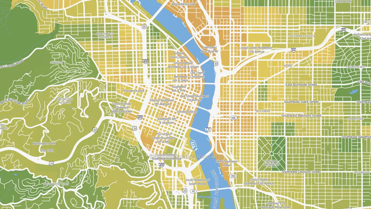 Map of the best neighborhoods in the 97204 area, with better matches in green and worse matches in red