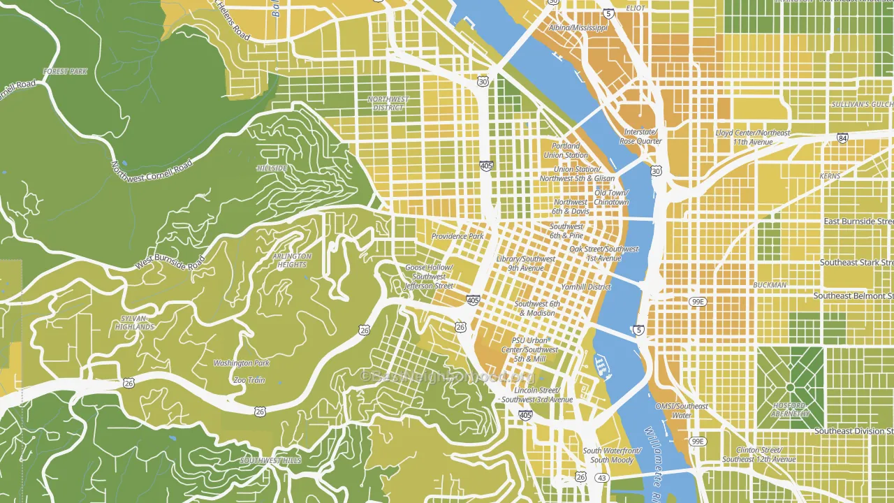 Map of the best neighborhoods in the 97205 area, with better matches in green and worse matches in red
