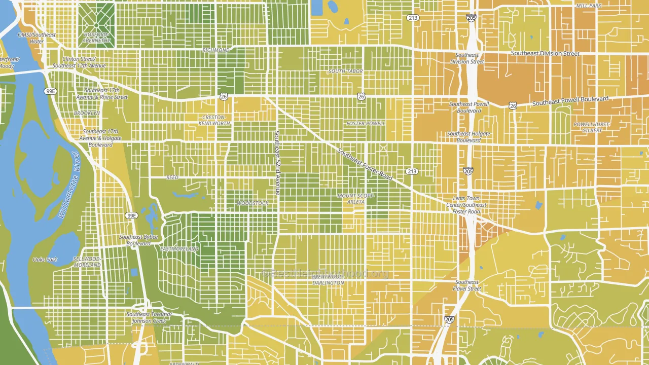Map of the best neighborhoods in the 97206 area, with better matches in green and worse matches in red