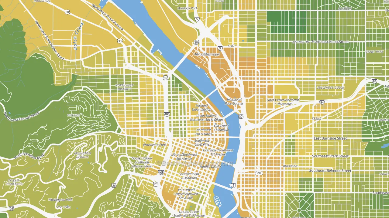Map of the best neighborhoods in the 97208 area, with better matches in green and worse matches in red