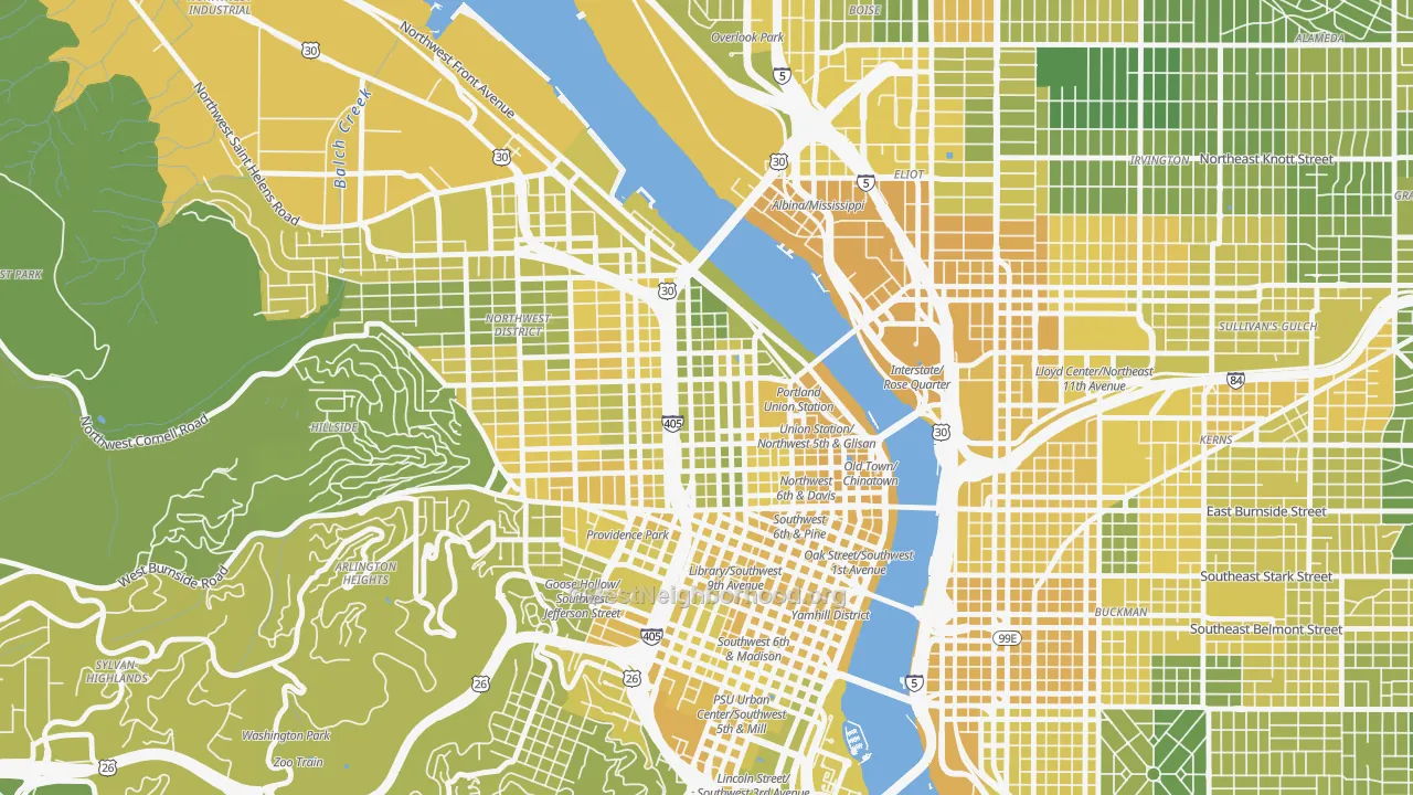Map of the best neighborhoods in the 97209 area, with better matches in green and worse matches in red