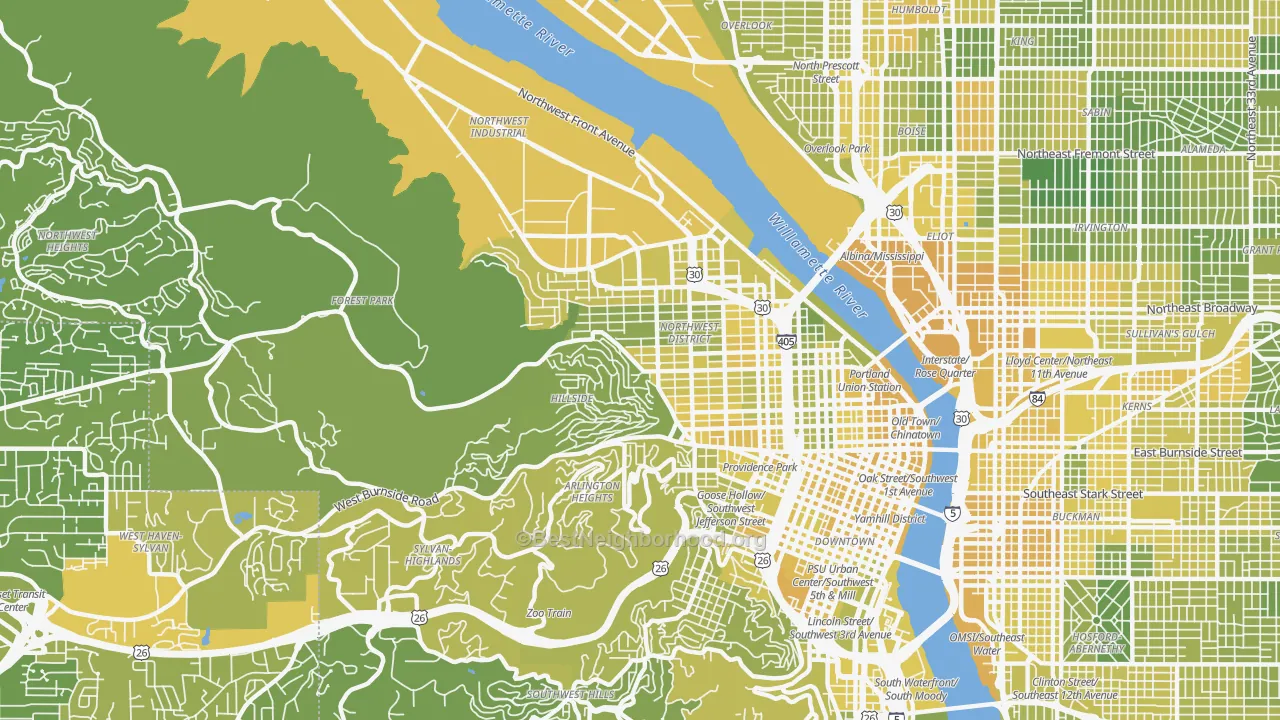 Map of the best neighborhoods in the 97210 area, with better matches in green and worse matches in red