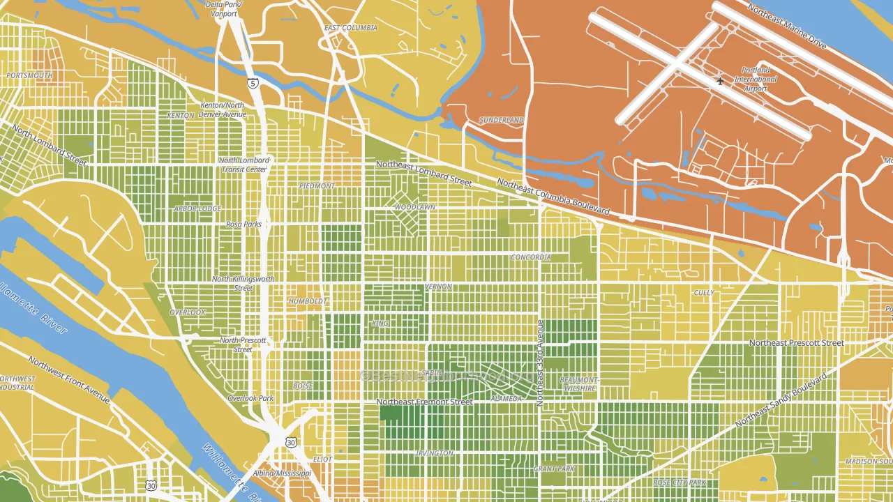 Map of the best neighborhoods in the 97211 area, with better matches in green and worse matches in red