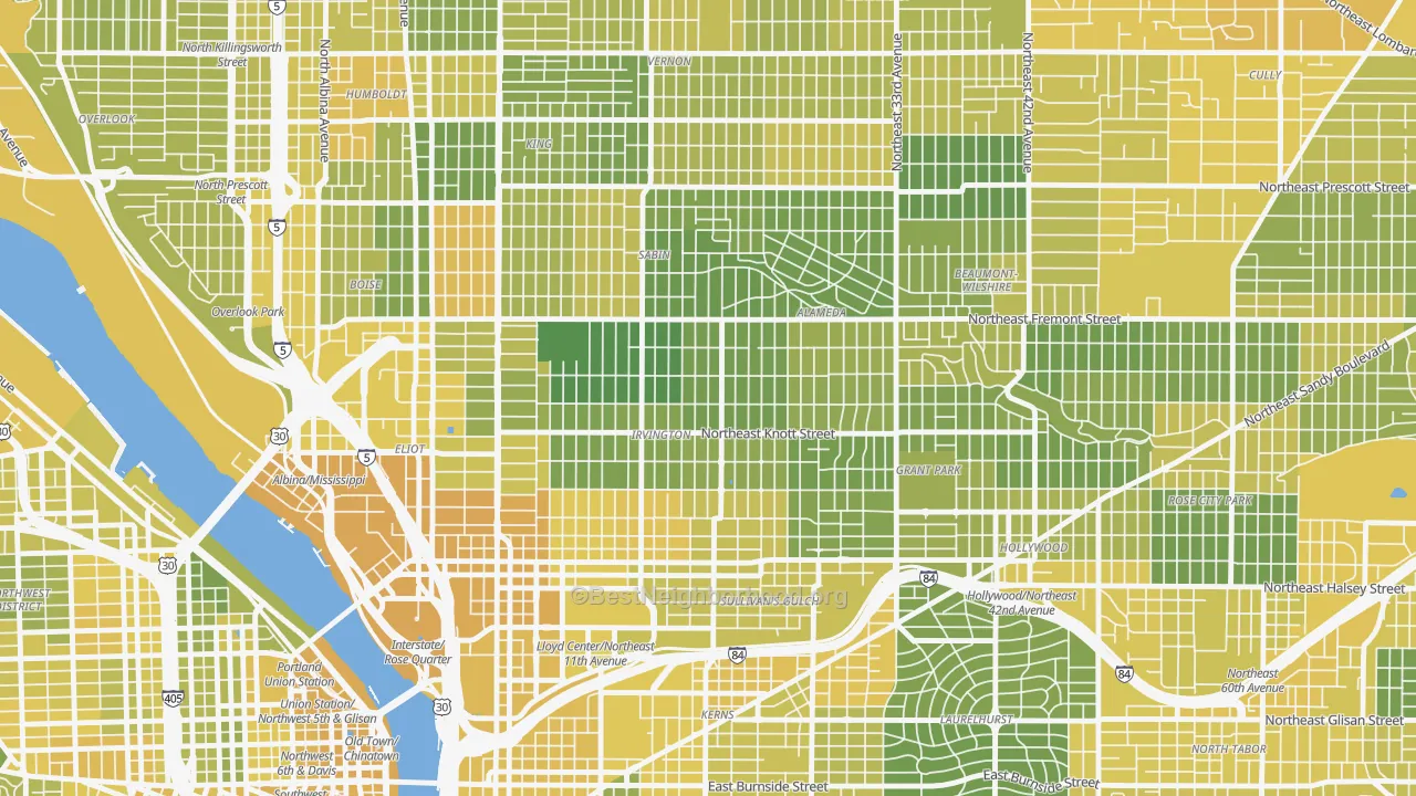 Map of the best neighborhoods in the 97212 area, with better matches in green and worse matches in red