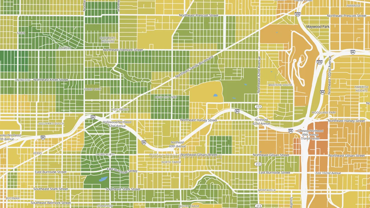 Map of the best neighborhoods in the 97213 area, with better matches in green and worse matches in red