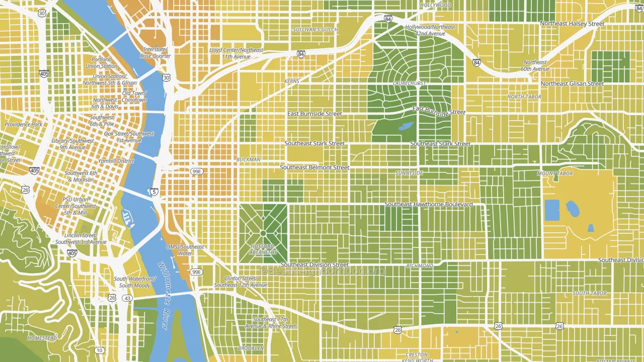 Map of the best neighborhoods in the 97214 area, with better matches in green and worse matches in red