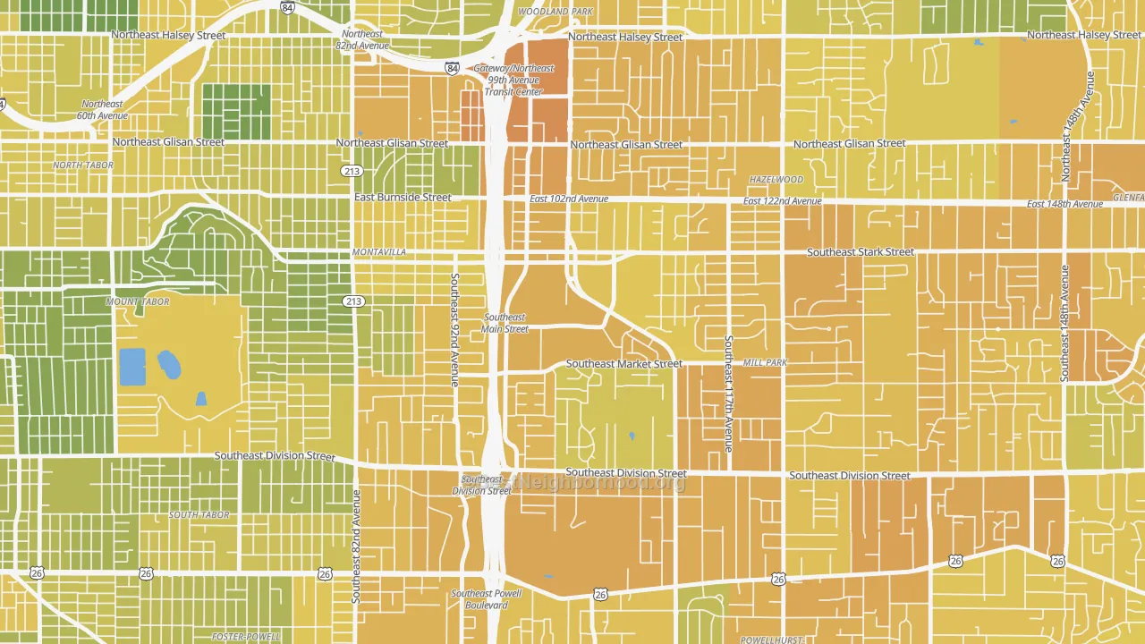 Map of the best neighborhoods in the 97216 area, with better matches in green and worse matches in red