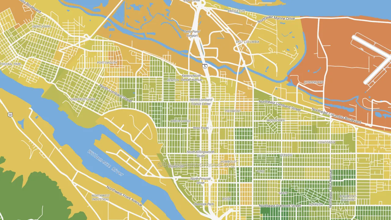 Map of the best neighborhoods in the 97217 area, with better matches in green and worse matches in red