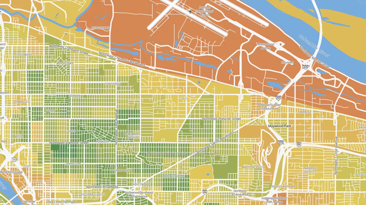 Map of the best neighborhoods in the 97218 area, with better matches in green and worse matches in red