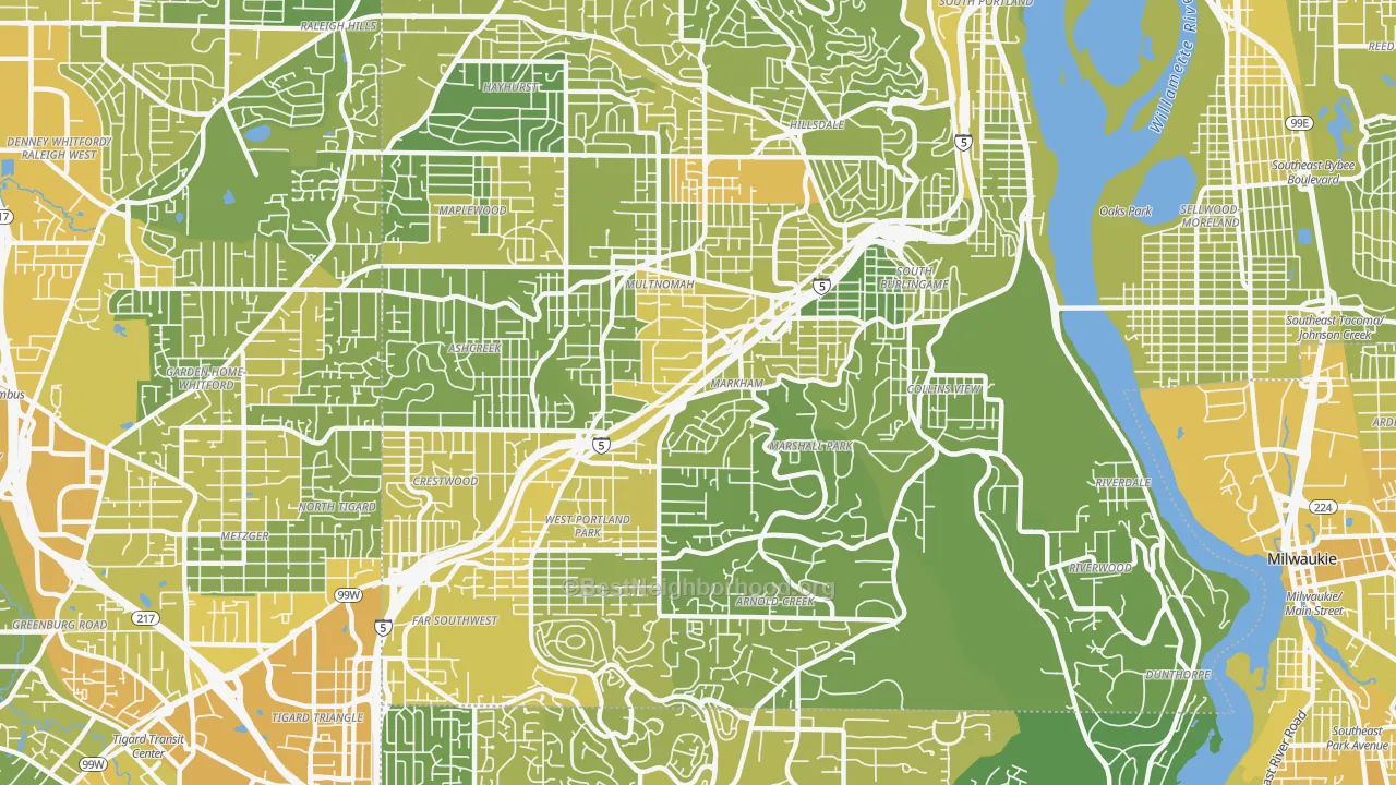 Map of the best neighborhoods in the 97219 area, with better matches in green and worse matches in red