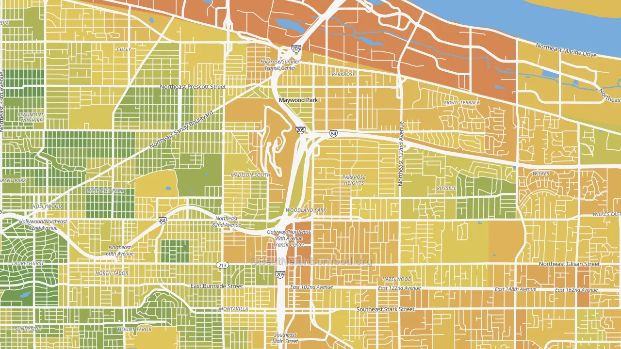 Map of the best neighborhoods in the 97220 area, with better matches in green and worse matches in red