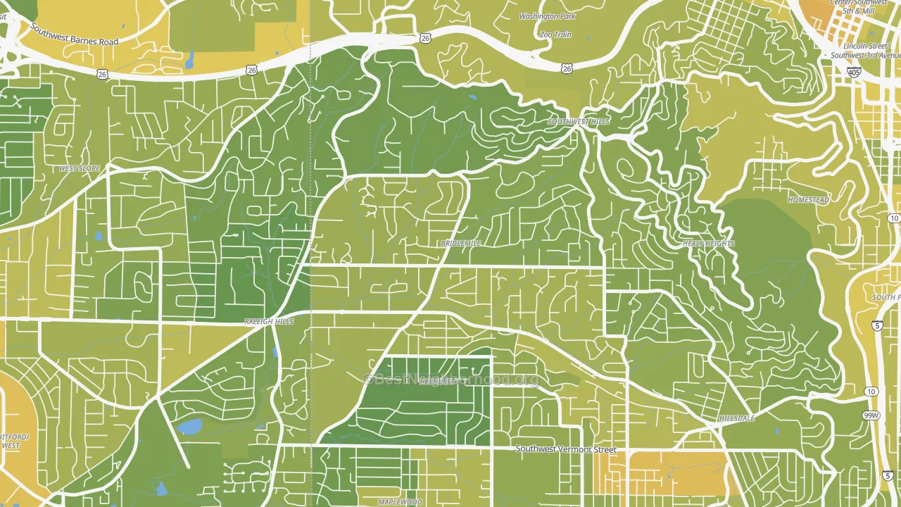 Map of the best neighborhoods in the 97221 area, with better matches in green and worse matches in red