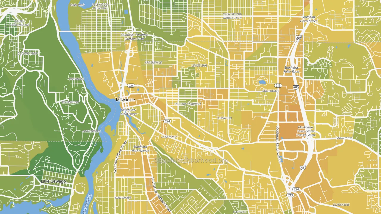 Map of the best neighborhoods in the 97222 area, with better matches in green and worse matches in red