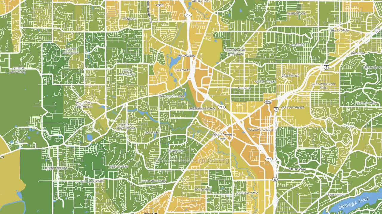 Map of the best neighborhoods in the 97223 area, with better matches in green and worse matches in red