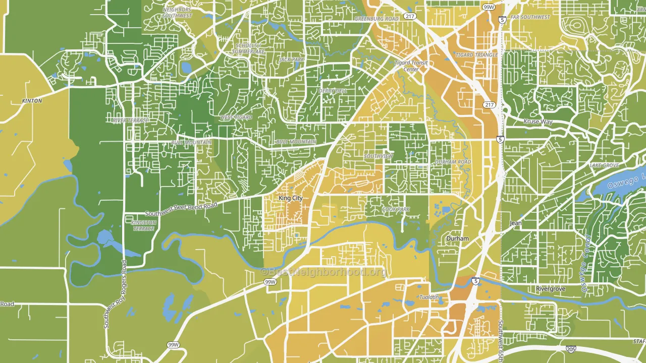 Map of the best neighborhoods in the 97224 area, with better matches in green and worse matches in red