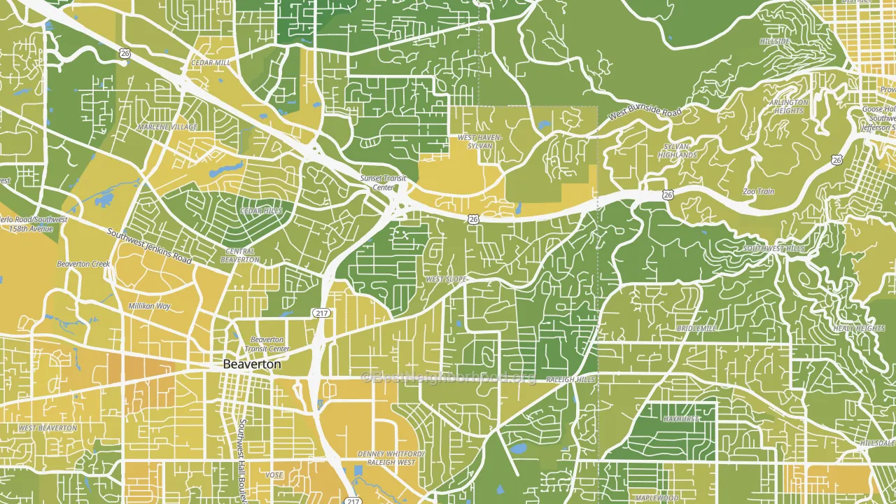 Map of the best neighborhoods in the 97225 area, with better matches in green and worse matches in red