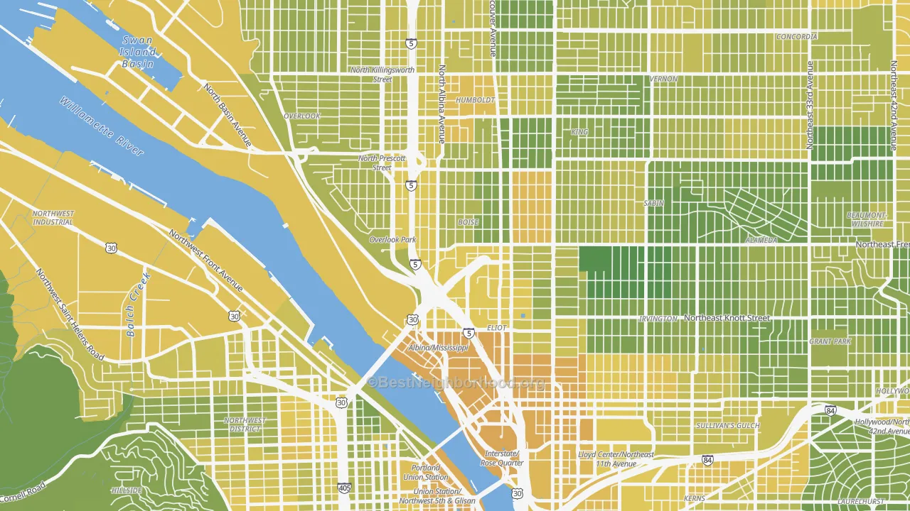 Map of the best neighborhoods in the 97227 area, with better matches in green and worse matches in red