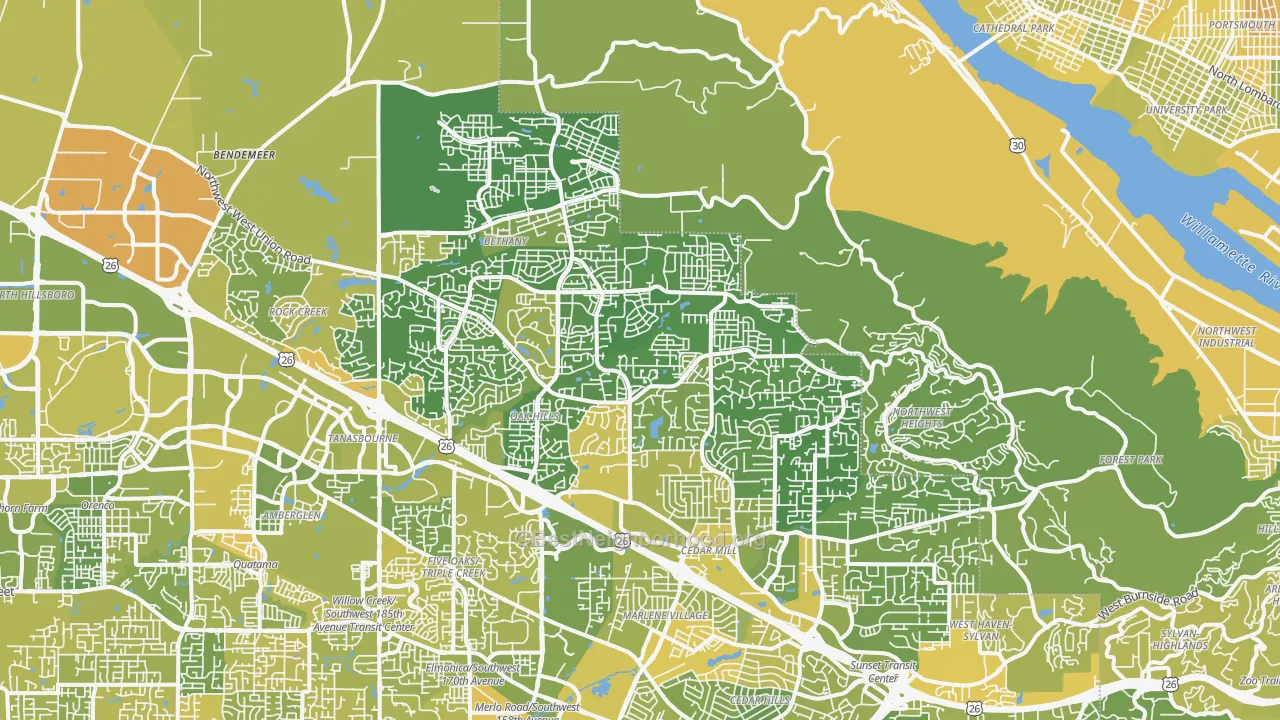 Map of the best neighborhoods in the 97229 area, with better matches in green and worse matches in red
