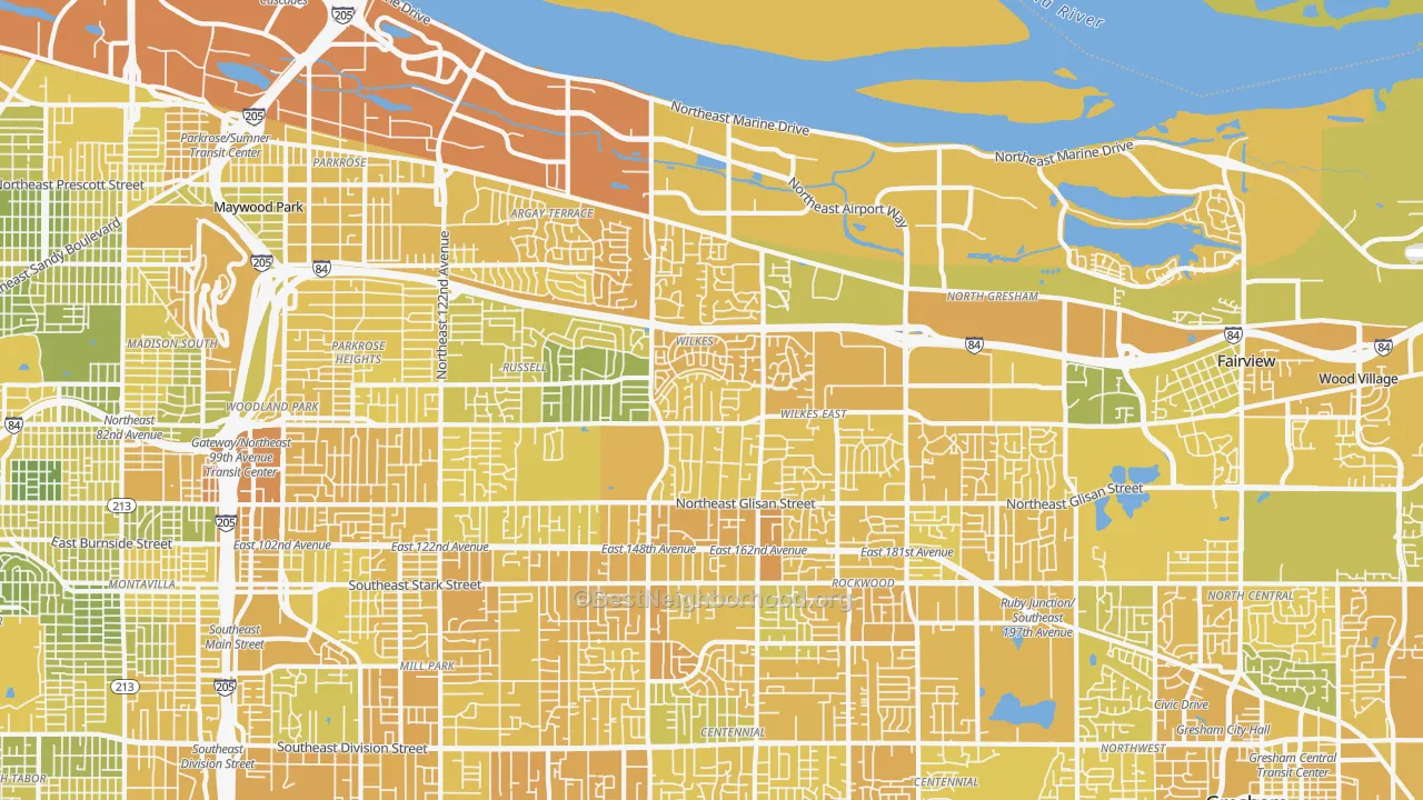 Map of the best neighborhoods in the 97230 area, with better matches in green and worse matches in red