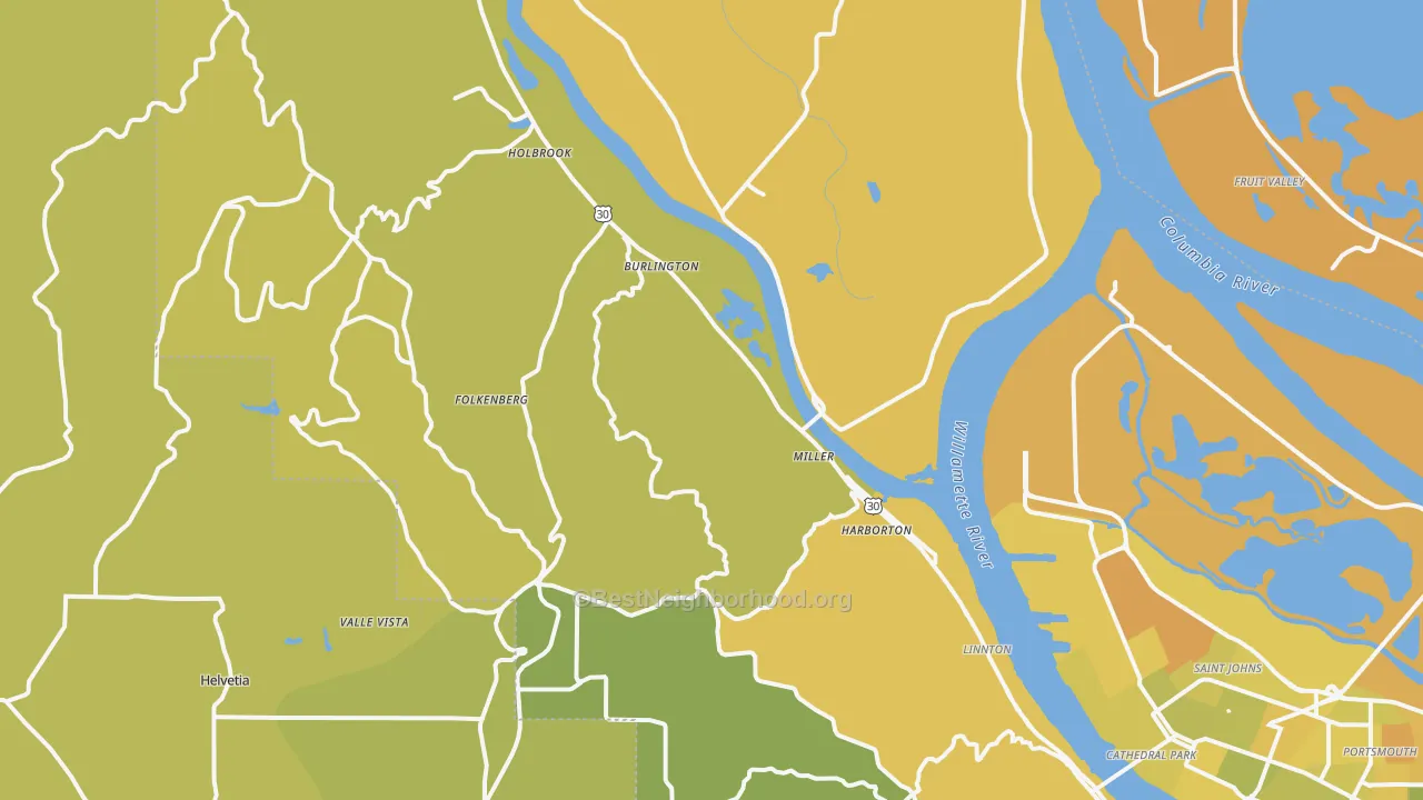 Map of the best neighborhoods in the 97231 area, with better matches in green and worse matches in red