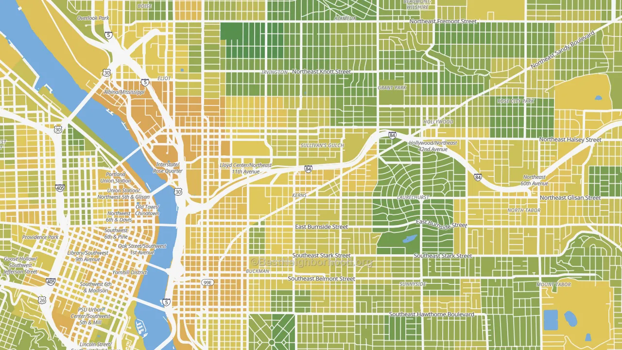 Map of the best neighborhoods in the 97232 area, with better matches in green and worse matches in red