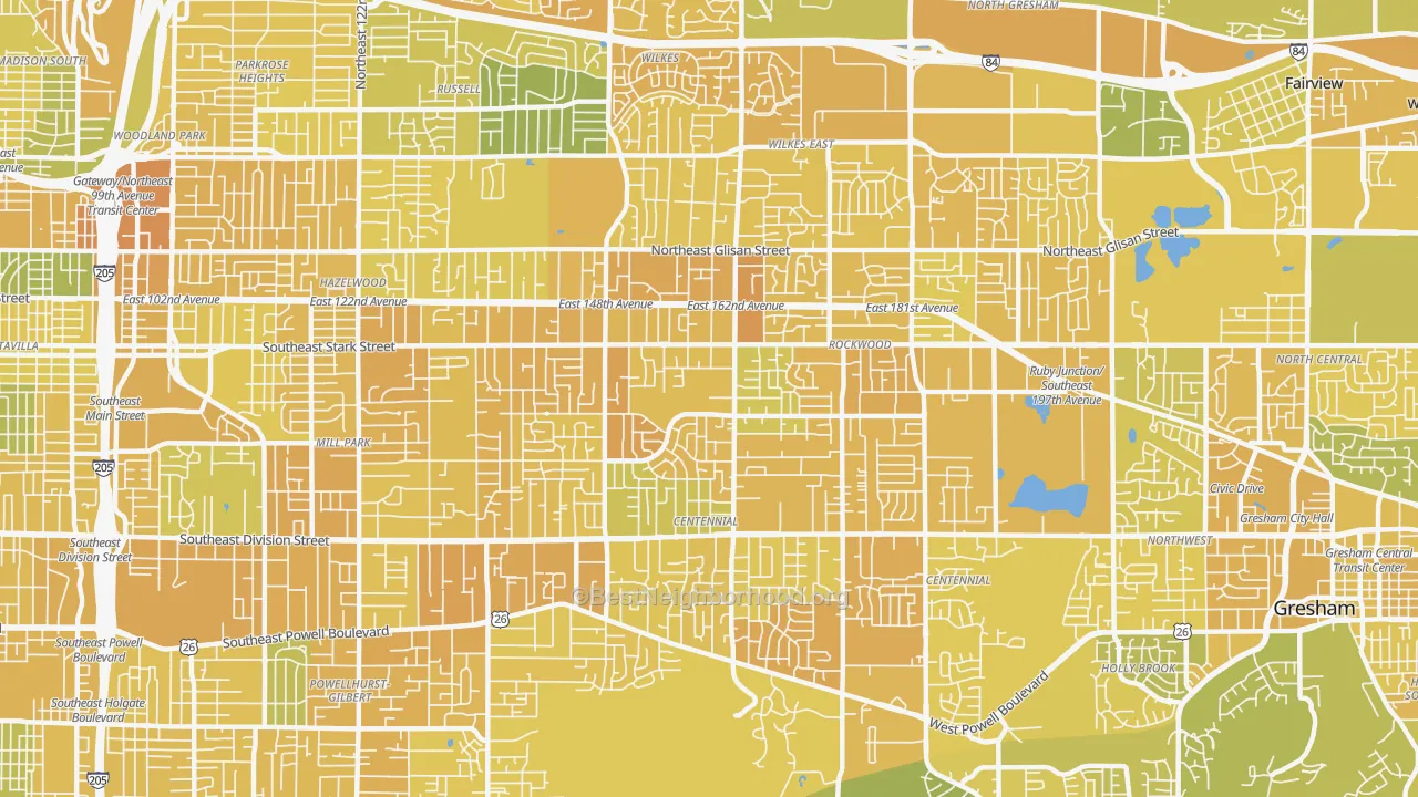 Map of the best neighborhoods in the 97233 area, with better matches in green and worse matches in red