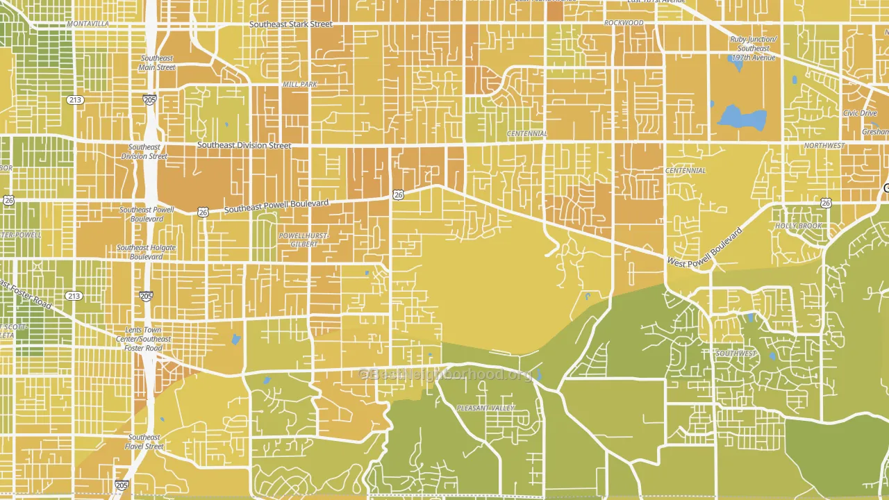 Map of the best neighborhoods in the 97236 area, with better matches in green and worse matches in red