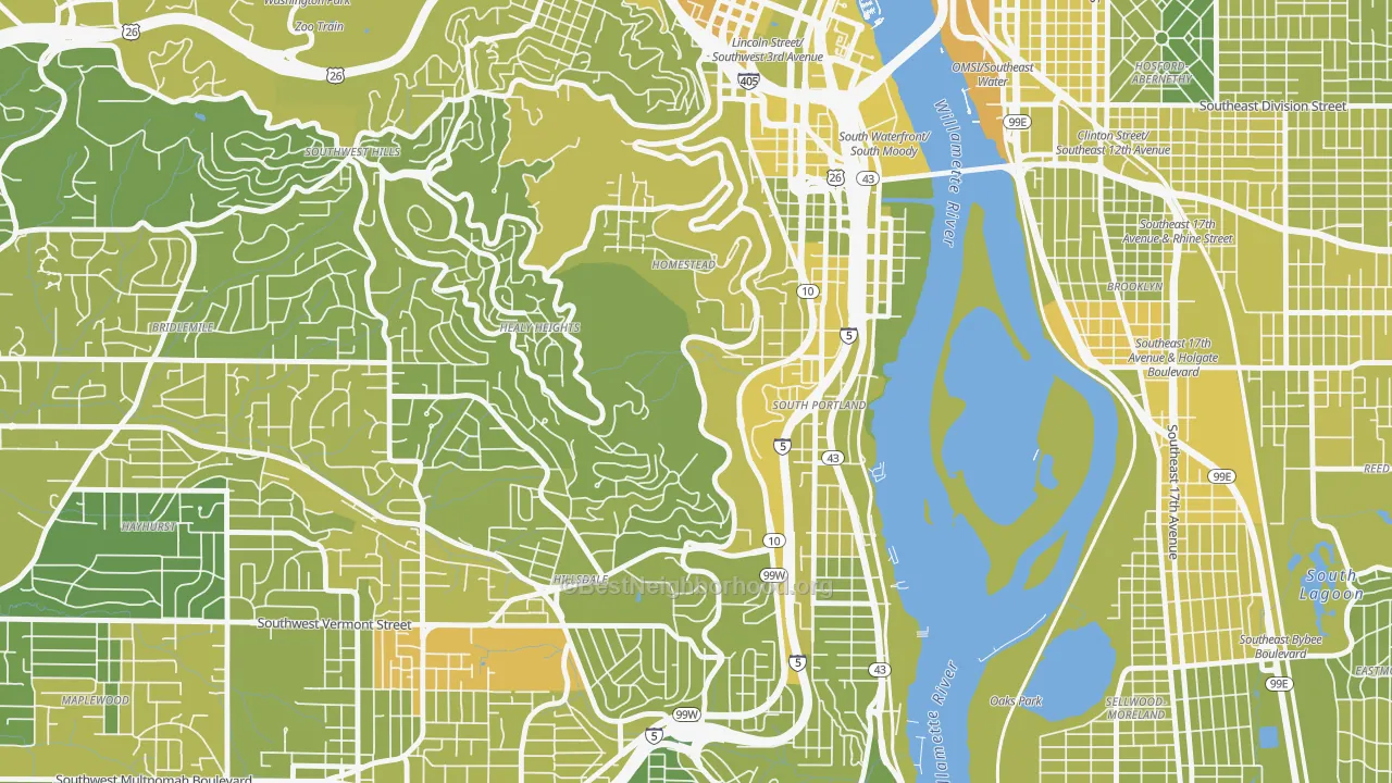 Map of the best neighborhoods in the 97239 area, with better matches in green and worse matches in red