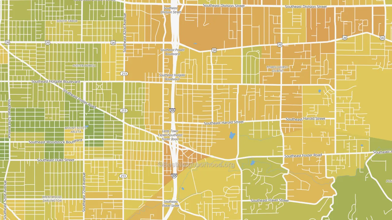 Map of the best neighborhoods in the 97266 area, with better matches in green and worse matches in red