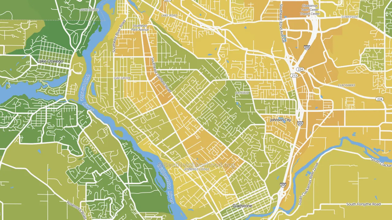 Map of the best neighborhoods in the 97267 area, with better matches in green and worse matches in red