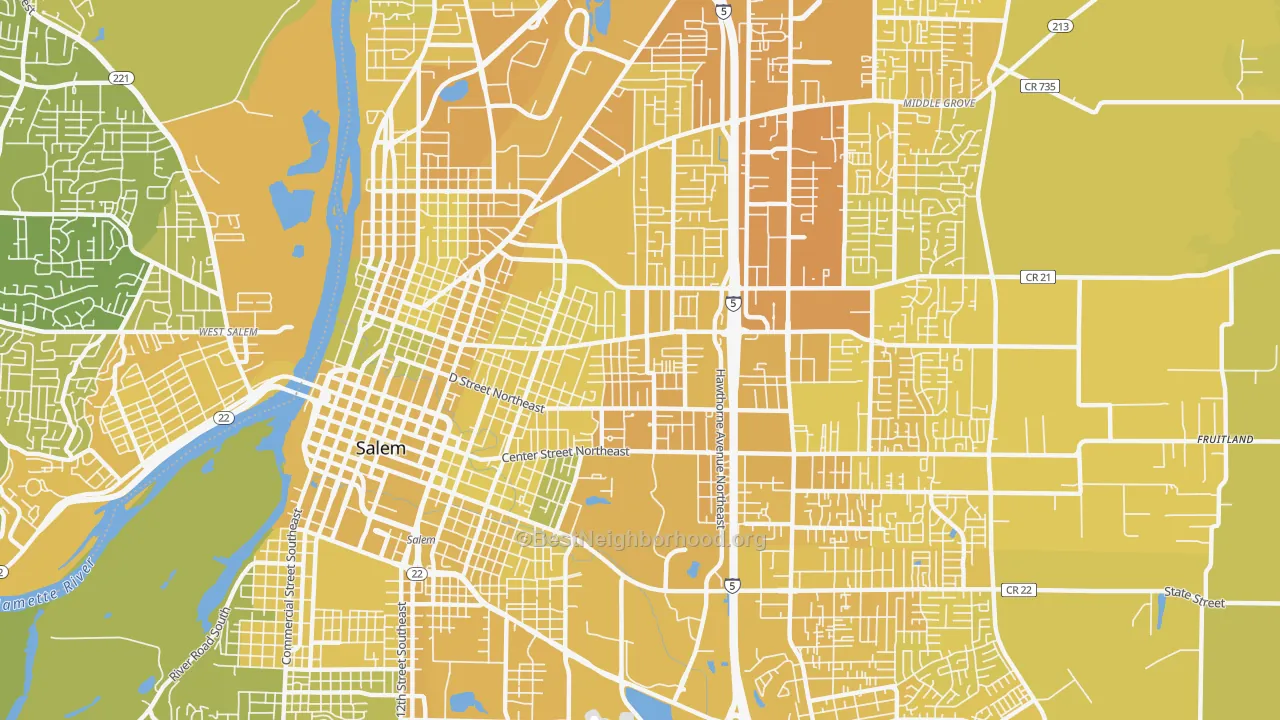 Map of the best neighborhoods in the 97301 area, with better matches in green and worse matches in red