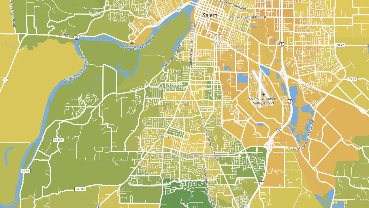 Map of the best neighborhoods in the 97302 area, with better matches in green and worse matches in red