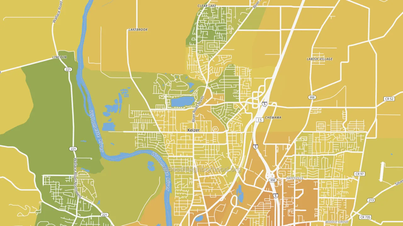 Map of the best neighborhoods in the 97303 area, with better matches in green and worse matches in red