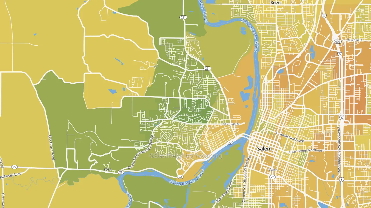 Map of the best neighborhoods in the 97304 area, with better matches in green and worse matches in red