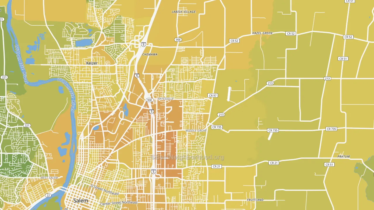 Map of the best neighborhoods in the 97305 area, with better matches in green and worse matches in red
