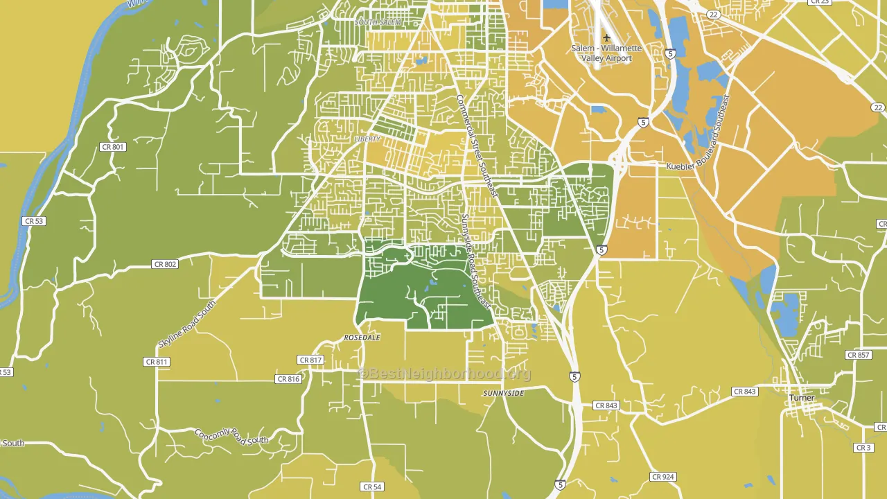 Map of the best neighborhoods in the 97306 area, with better matches in green and worse matches in red