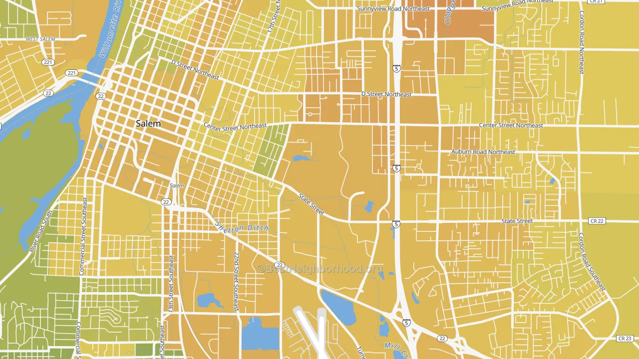 Map of the best neighborhoods in the 97310 area, with better matches in green and worse matches in red