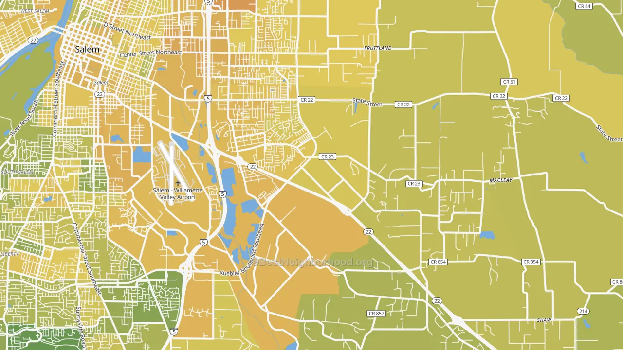 Map of the best neighborhoods in the 97317 area, with better matches in green and worse matches in red