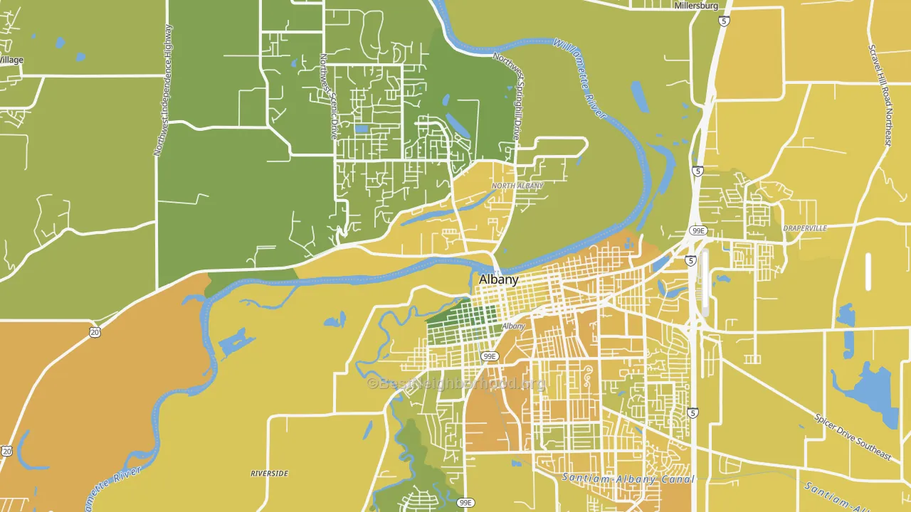 Map of the best neighborhoods in the 97321 area, with better matches in green and worse matches in red