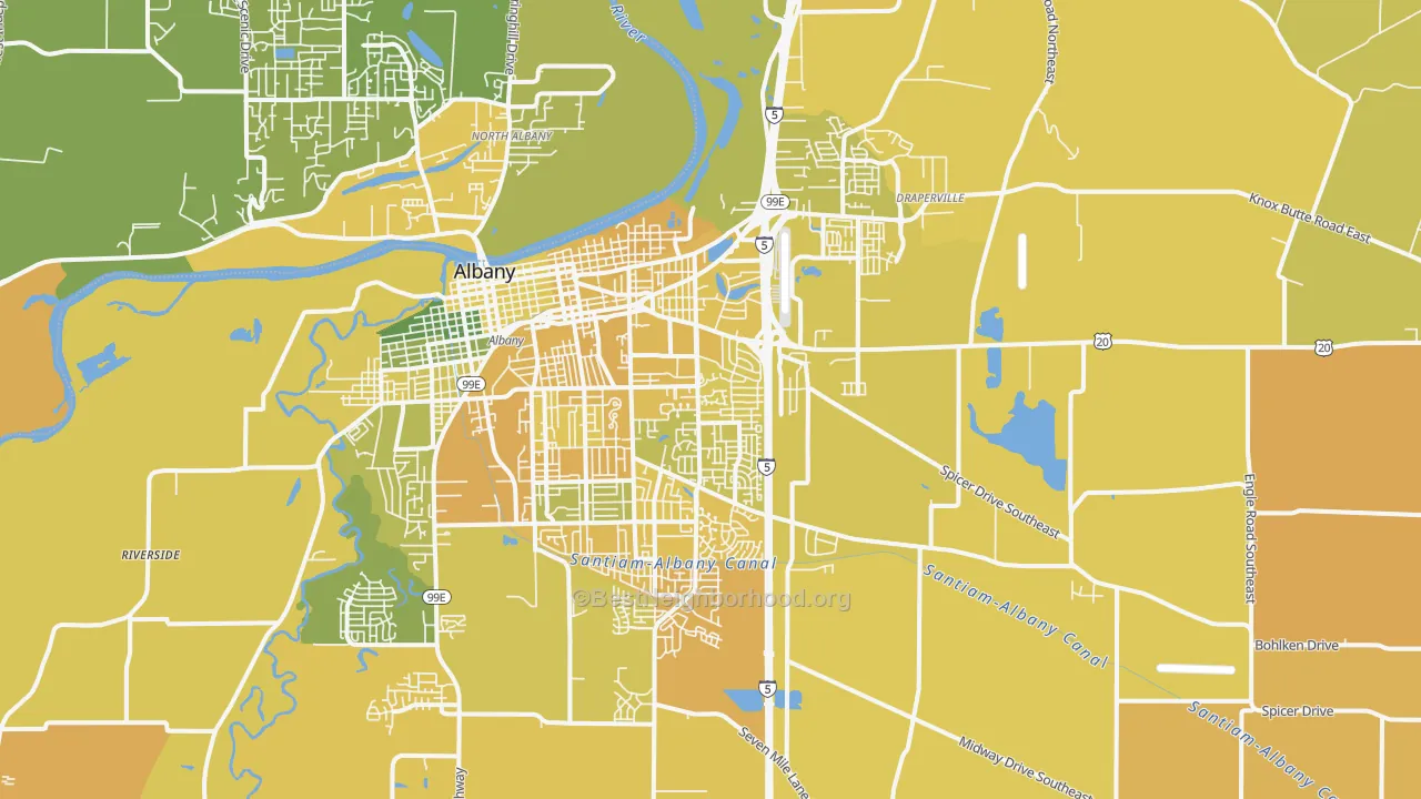 Map of the best neighborhoods in the 97322 area, with better matches in green and worse matches in red