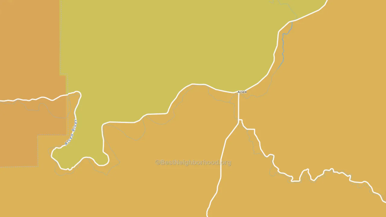 Map of the best neighborhoods in the 97324 area, with better matches in green and worse matches in red