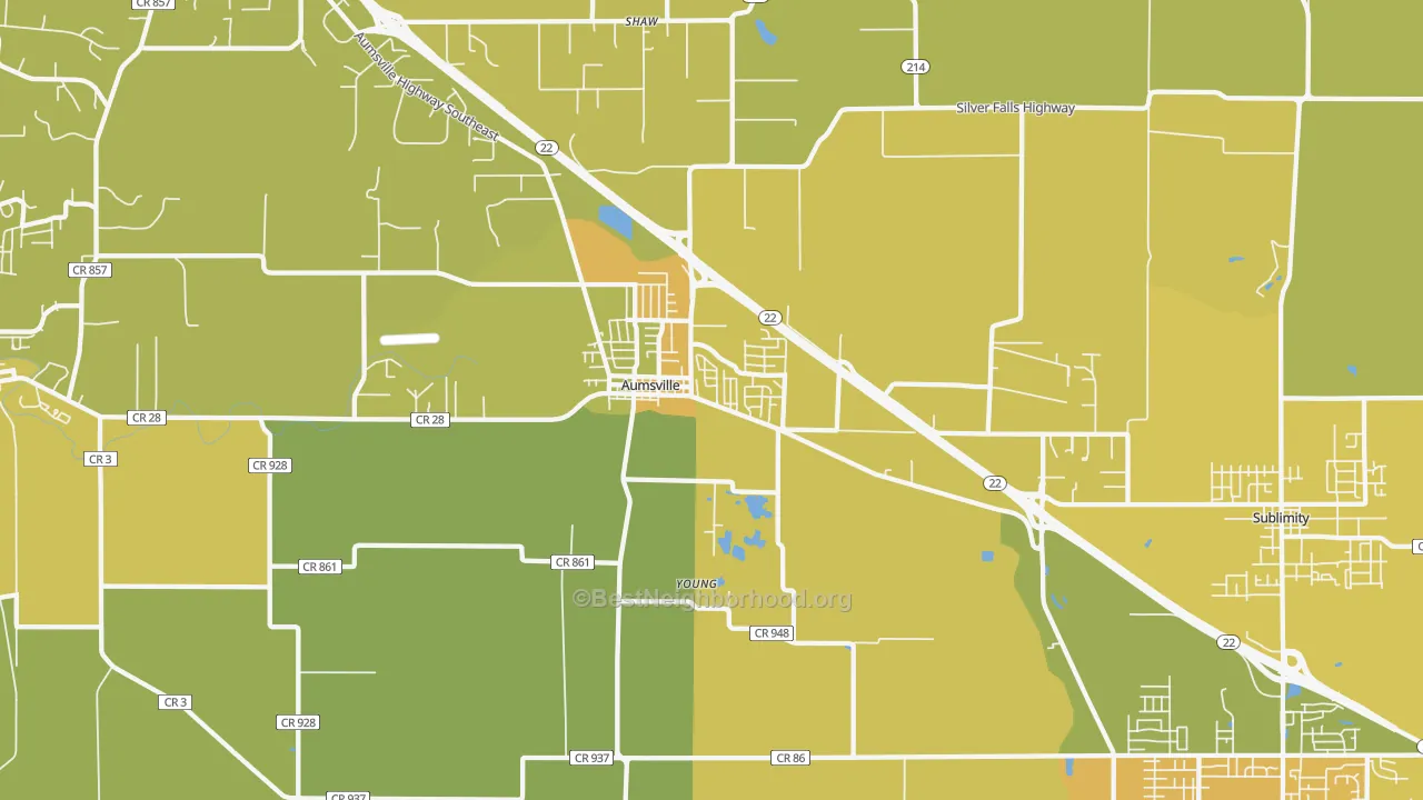 Map of the best neighborhoods in the 97325 area, with better matches in green and worse matches in red