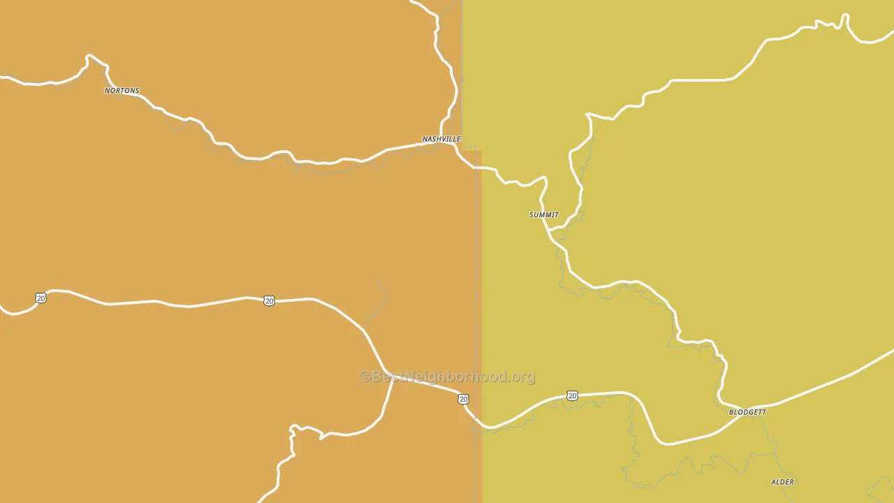 Map of the best neighborhoods in the 97326 area, with better matches in green and worse matches in red
