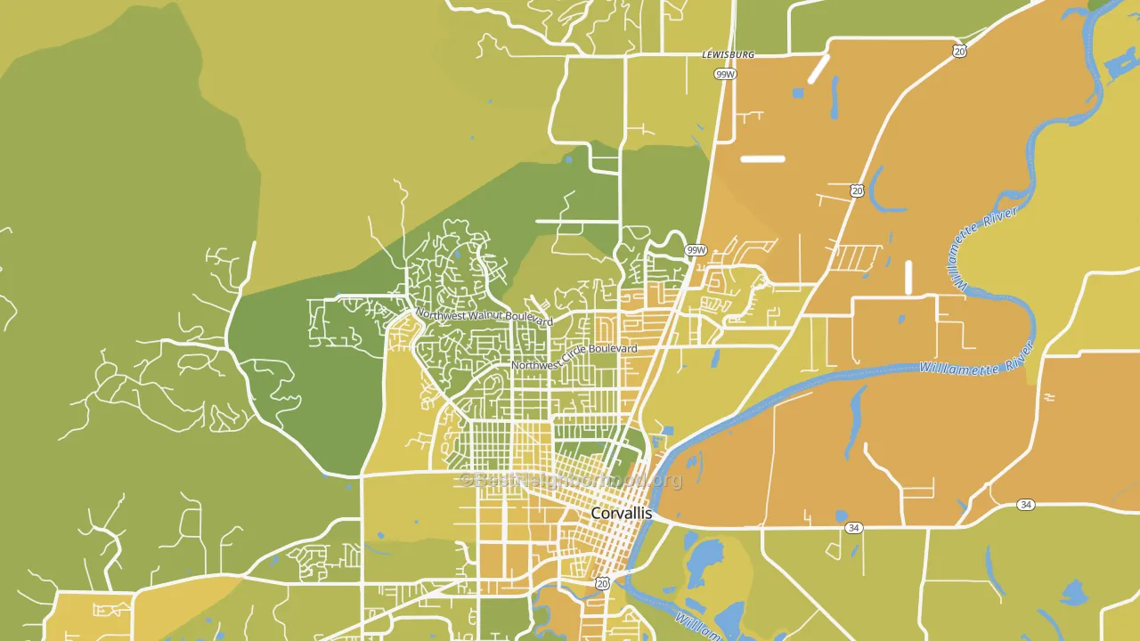 Map of the best neighborhoods in the 97330 area, with better matches in green and worse matches in red