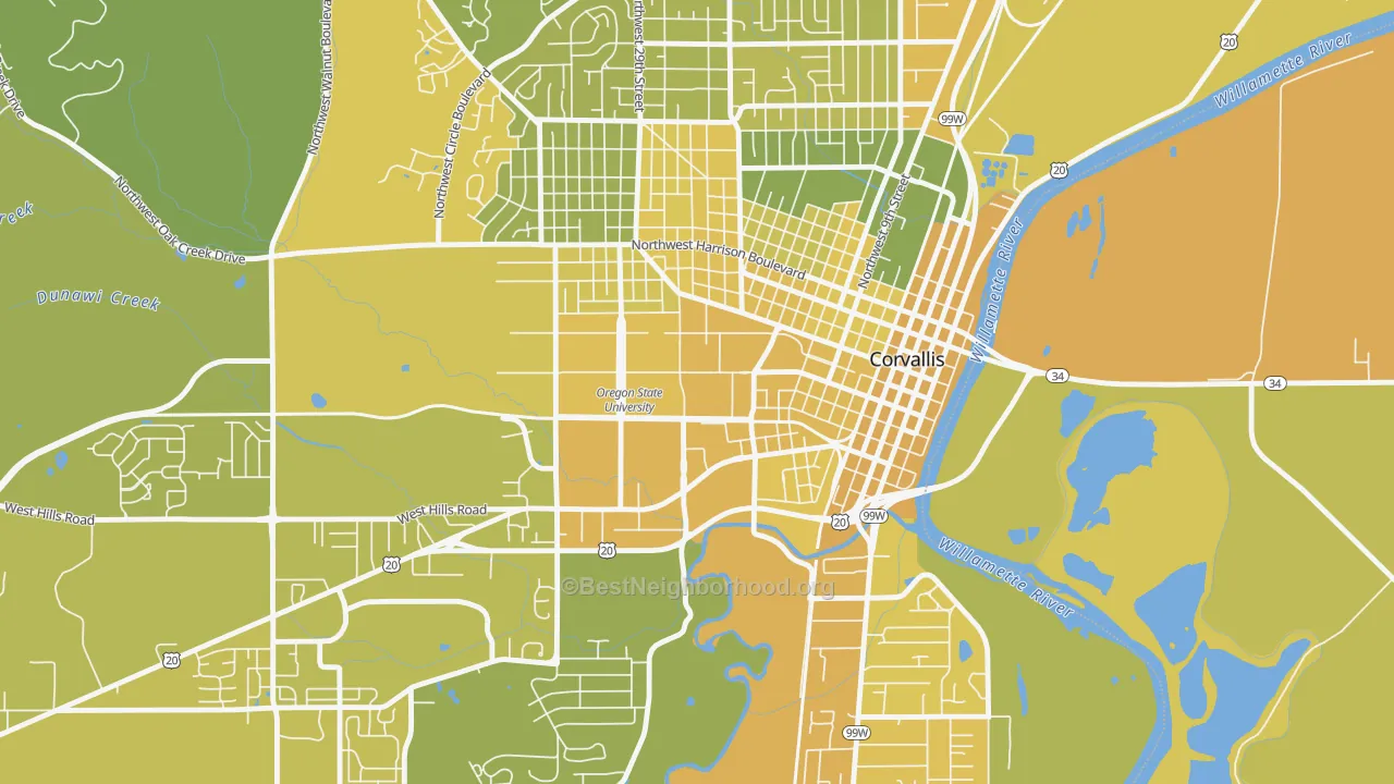 Map of the best neighborhoods in the 97331 area, with better matches in green and worse matches in red