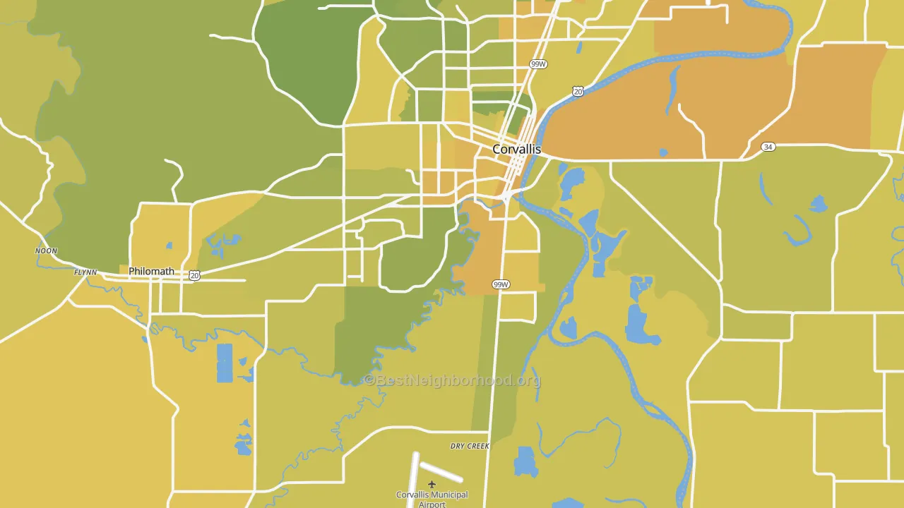 Map of the best neighborhoods in the 97333 area, with better matches in green and worse matches in red